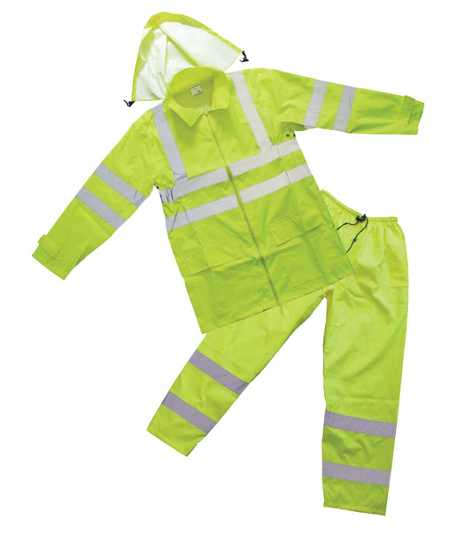 Forester Hi Vis Rain Suit - 100% Polyester, Drawstring Hood, Reflective Stripes, Vented Underarms, Roomy Legs, Side & Exterior Pockets - High Visibility Clothing